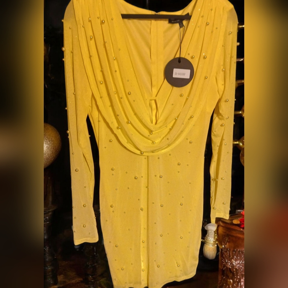 NWOT Symphony Elegant Yellow Mesh Dress With Yellow Beads - Picture 3 of 4